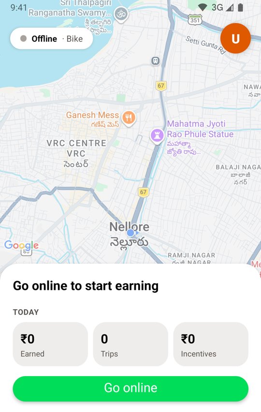 The captain home screen with today's earnings and a Go online button